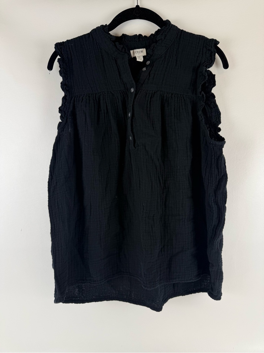 J.Crew Factory Black Cotton Gauze Ruffle Sleeveless Henley Top Tank Size XL